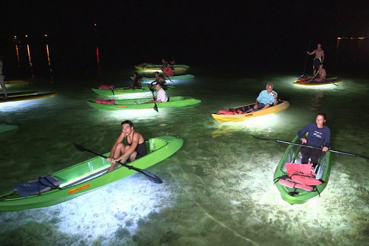 a group of people riding on a clear bottom kayak